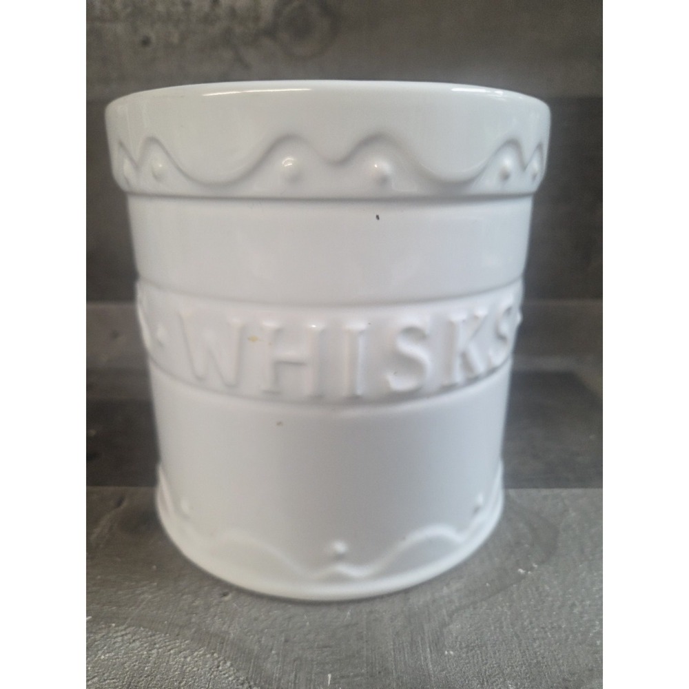 Ceramic White "Whisks, Spoons, Spatulas" Utensil Holder 6"H 6"D